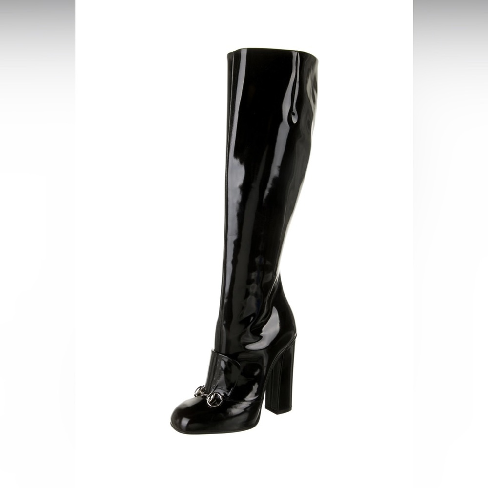 NWT GUCCI Lilian Polished Patent Leather Horsebit Knee Boot 37/US7